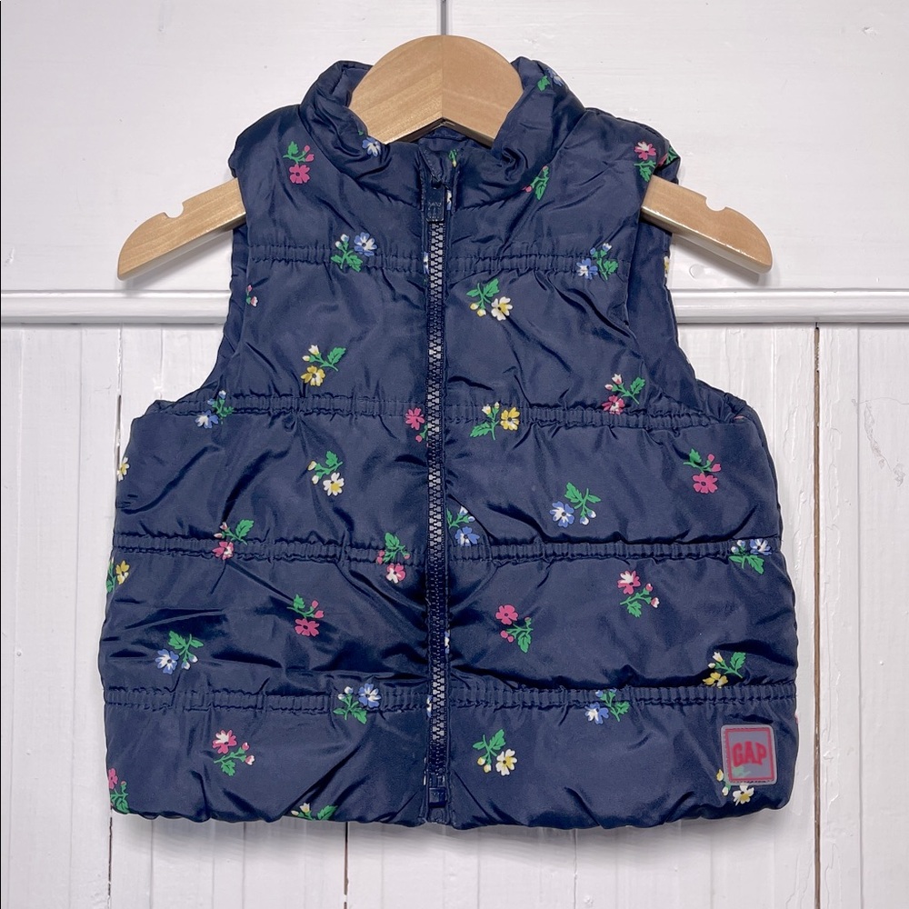 GAP EUC Navy Floral Print Zip Up Puffer Vest